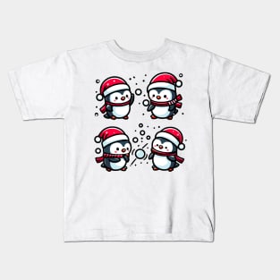 Adorable Cute Penguin Santa Hat Winter Snowball Fight Kids T-Shirt